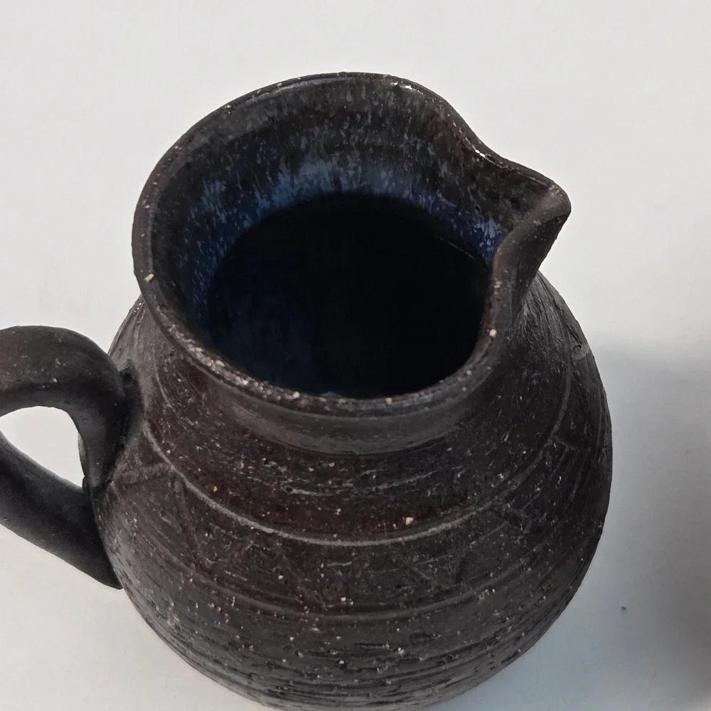 Studio Pottery Set Dark Brown Textured Pitcher and Flower Frog Vase